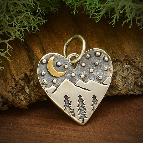 Sterling Silver Heart Charm with Mountains and Bronze Moon - Poppies Beads n' More