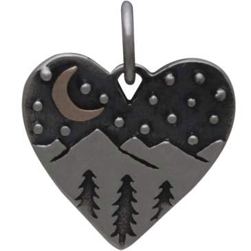 Sterling Silver Heart Charm with Mountains and Bronze Moon - Poppies Beads n' More