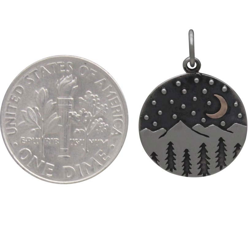 Sterling Silver Mountain Charm with Trees and Bronze Moon - Poppies Beads n' More