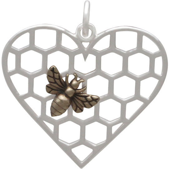 Sterling Silver Honeycomb Heart Pendant with Bronze Bee - Poppies Beads n' More