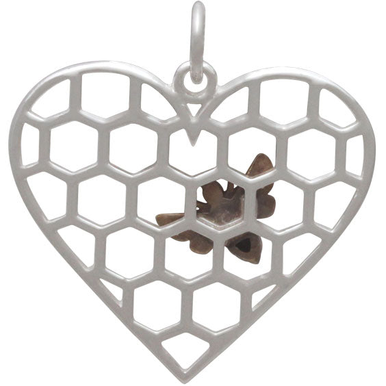 Sterling Silver Honeycomb Heart Pendant with Bronze Bee - Poppies Beads n' More