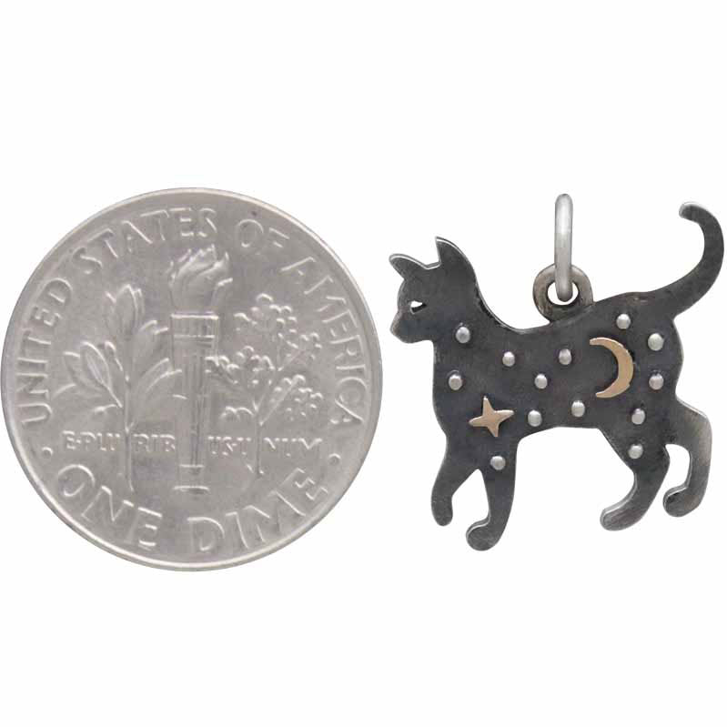 Sterling Silver Cat Charm with Bronze Star and Moon - Poppies Beads n' More