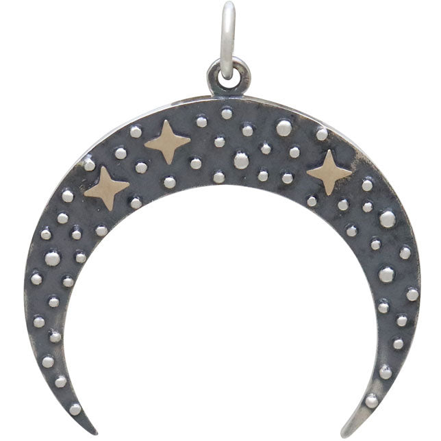 Sterling Silver Moon Pendant with Bronze Stars - Poppies Beads n' More