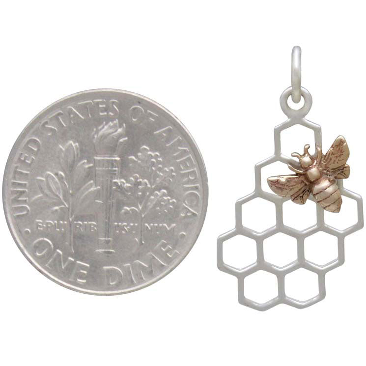 Silver Honeycomb Charm with Bronze Bee - Left Side - Poppies Beads n' More