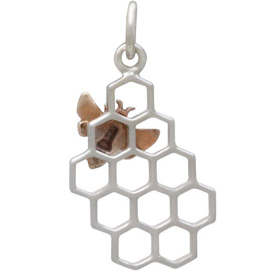 Silver Honeycomb Charm with Bronze Bee - Left Side - Poppies Beads n' More