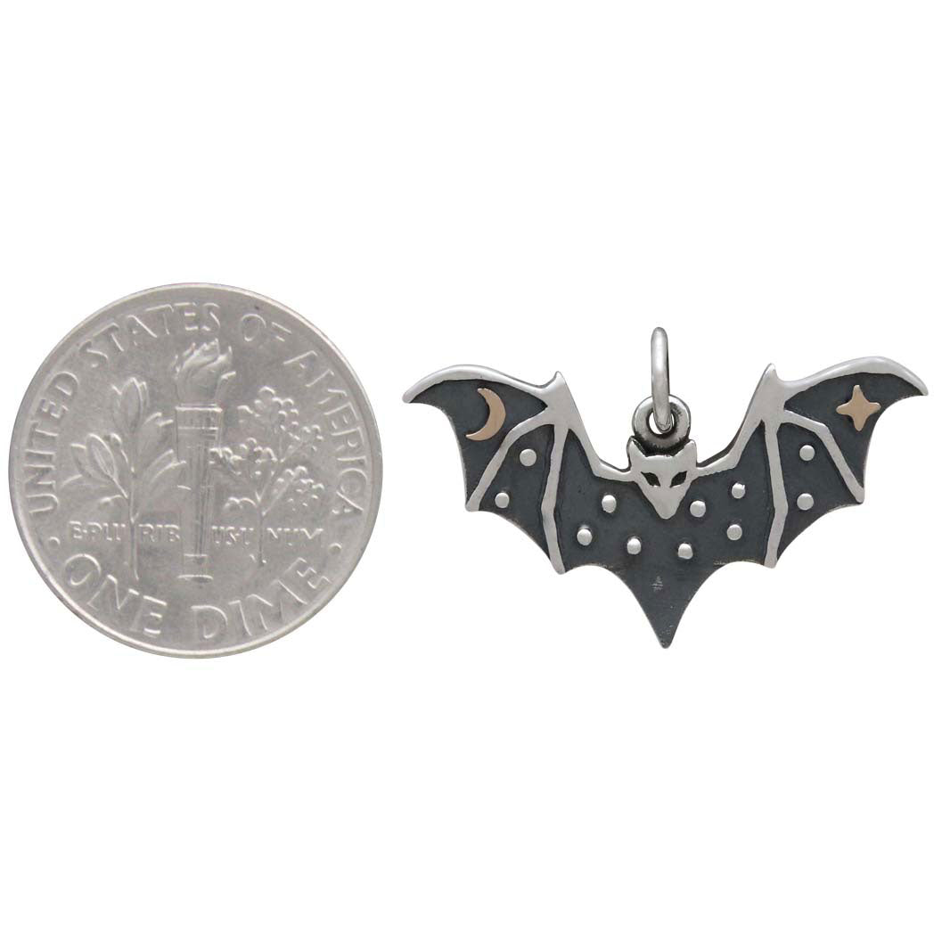 Sterling Silver Bat Charm with Bronze Star and Moon - Poppies Beads n' More