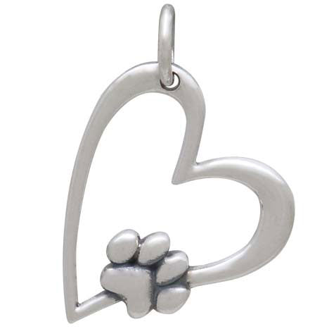 Sterling Silver Heart Charm with Pawprint - Poppies Beads n' More