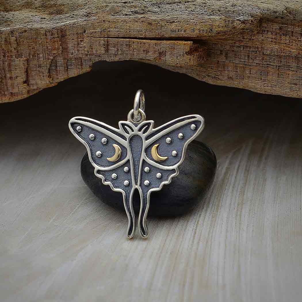 Sterling Silver Luna Moth Charm with Bronze Moons - Poppies Beads n' More