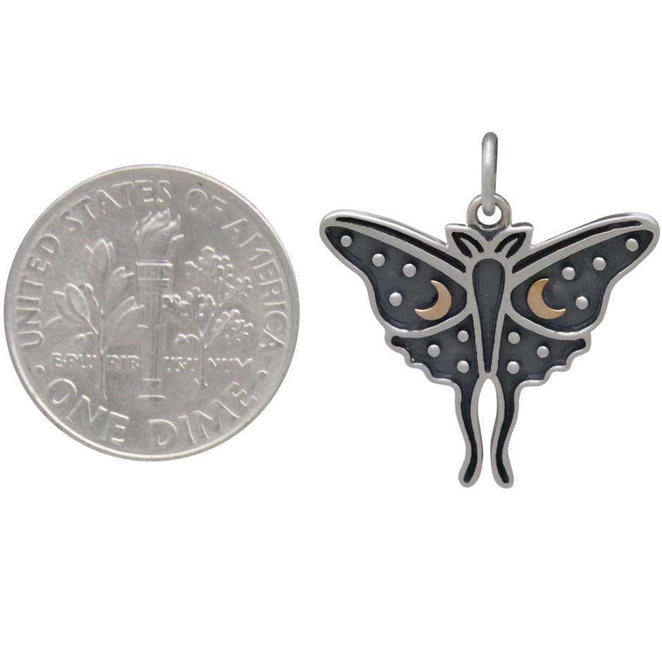 Sterling Silver Luna Moth Charm with Bronze Moons - Poppies Beads n' More