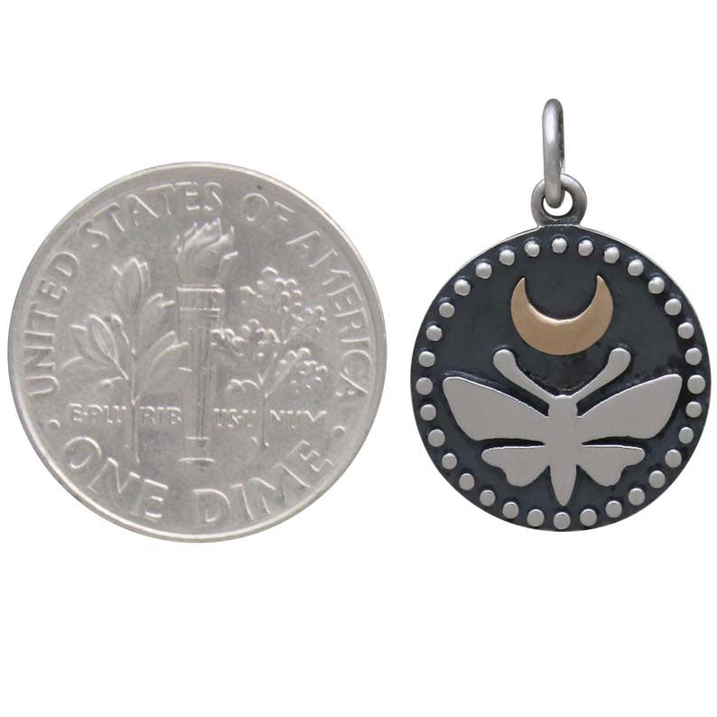 Sterling Silver Moth Charm with Bronze Moon and Dots - Poppies Beads n' More