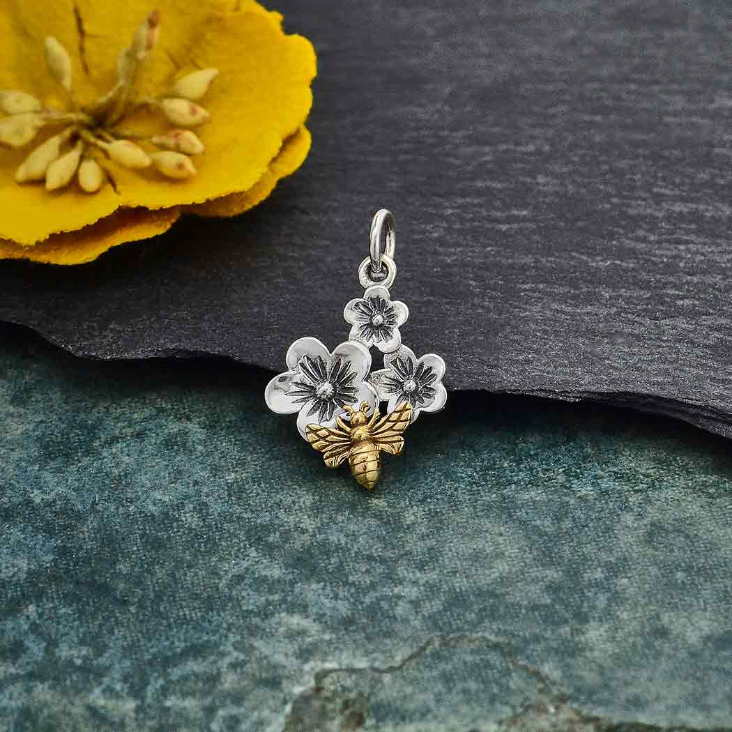 Silver Triple Cherry Blossom Charm with Bronze Bee - Poppies Beads n' More