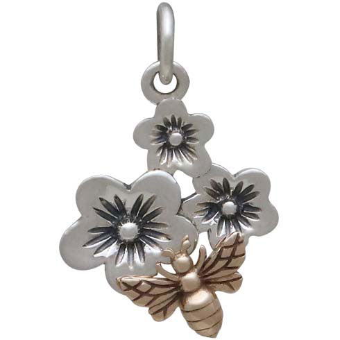 Silver Triple Cherry Blossom Charm with Bronze Bee - Poppies Beads n' More