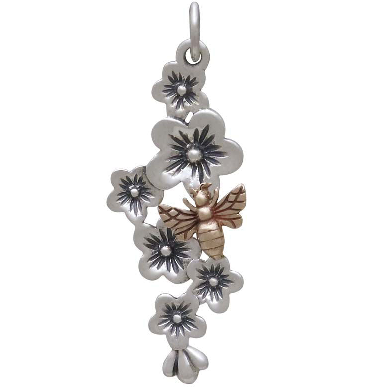 Silver Cherry Blossom Cluster Charm with Bronze Bee - Poppies Beads n' More