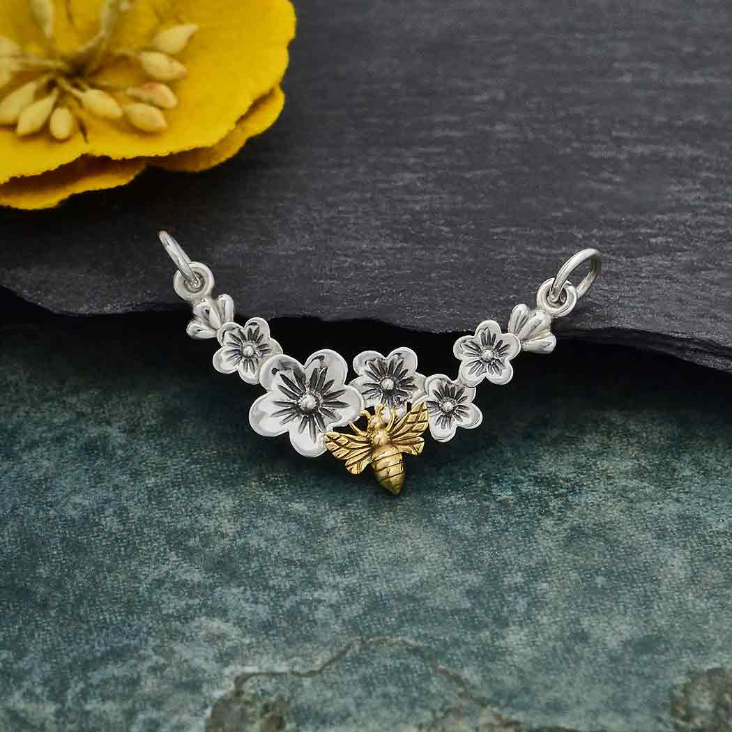 Silver Cherry Blossom Pendant Festoon with Bronze Bee - Poppies Beads n' More