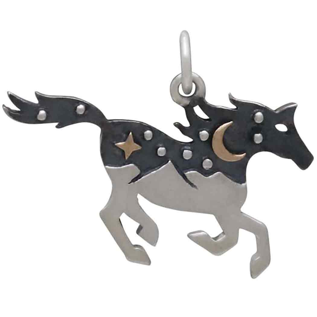 Silver Horse Charm with Mountains and Bronze Moon - Poppies Beads n' More