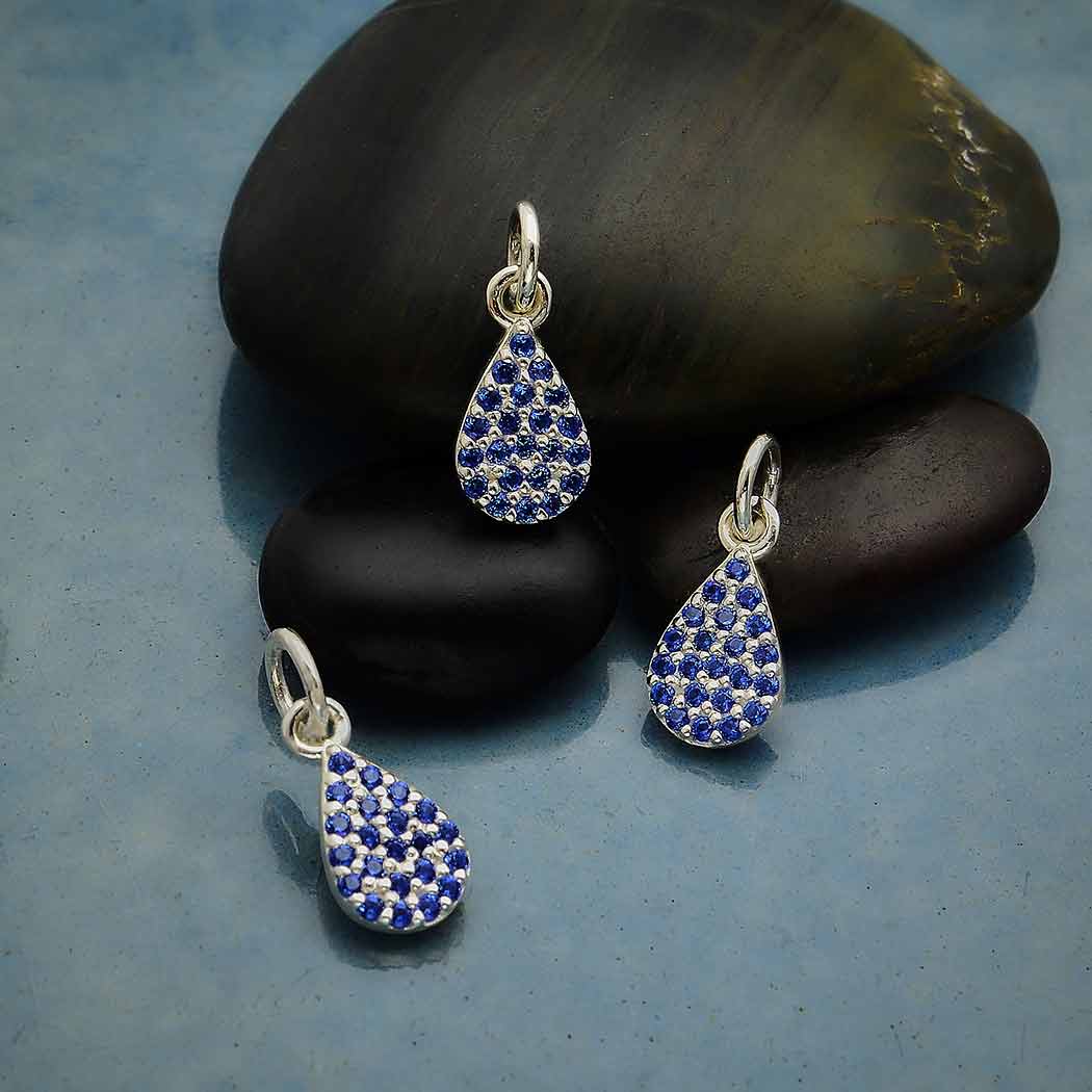 Sterling Silver Teardrop Charm with Blue Nano Gems - Poppies Beads n' More