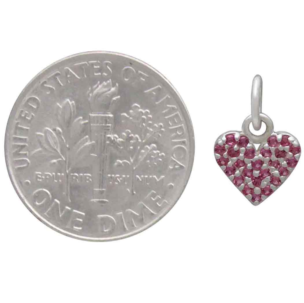 Sterling Silver Heart Charm with Pink Nano Gems - Poppies Beads n' More