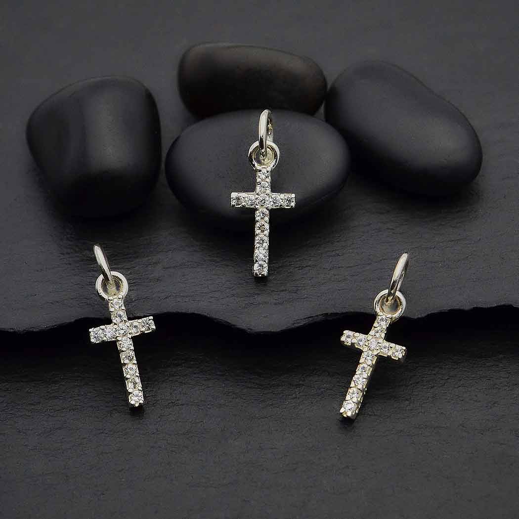 Sterling Silver Cross Charm with Clear Nano Gems - Poppies Beads n' More