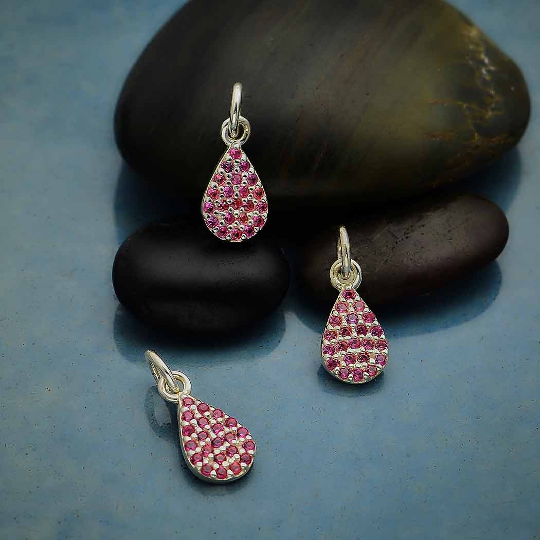 Sterling Silver Teardrop Charm with Pink Nano Gems - Poppies Beads n' More