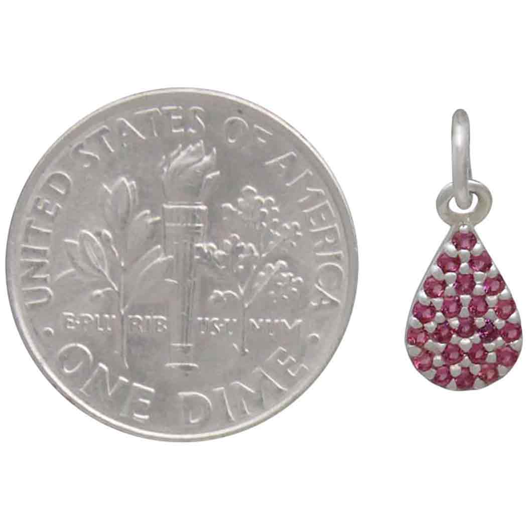 Sterling Silver Teardrop Charm with Pink Nano Gems - Poppies Beads n' More