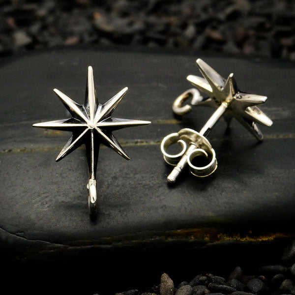 Silver Ridged Star Burst Earrings with Bottom Loop - Poppies Beads n' More