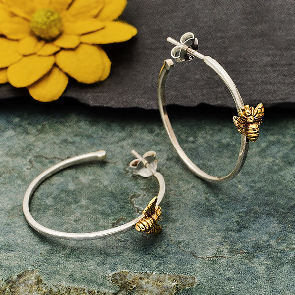 Sterling Silver Hoop Earring with Bronze Bee - Poppies Beads n' More