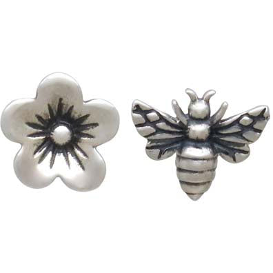 Sterling Silver Post Earrings Cherry Blossom and Bee - Poppies Beads n' More