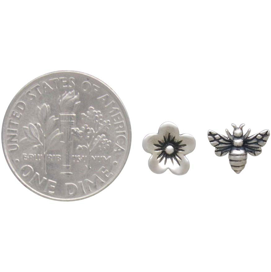 Sterling Silver Post Earrings Cherry Blossom and Bee - Poppies Beads n' More