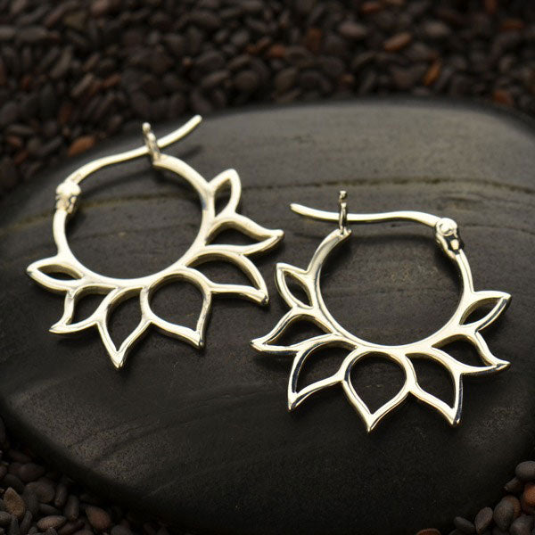 Sterling Silver Hoop Earrings with Lotus Petal Design - Poppies Beads n' More