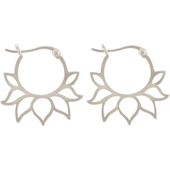 Sterling Silver Hoop Earrings with Lotus Petal Design - Poppies Beads n' More