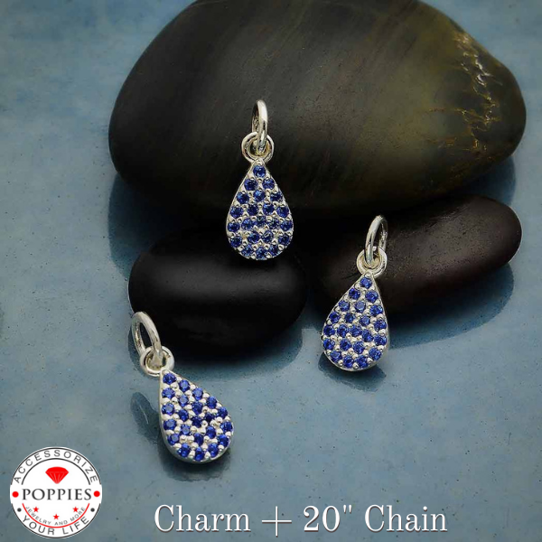 Sterling Silver Teardrop Charm with Blue Nano Gems - Poppies Beads n' More