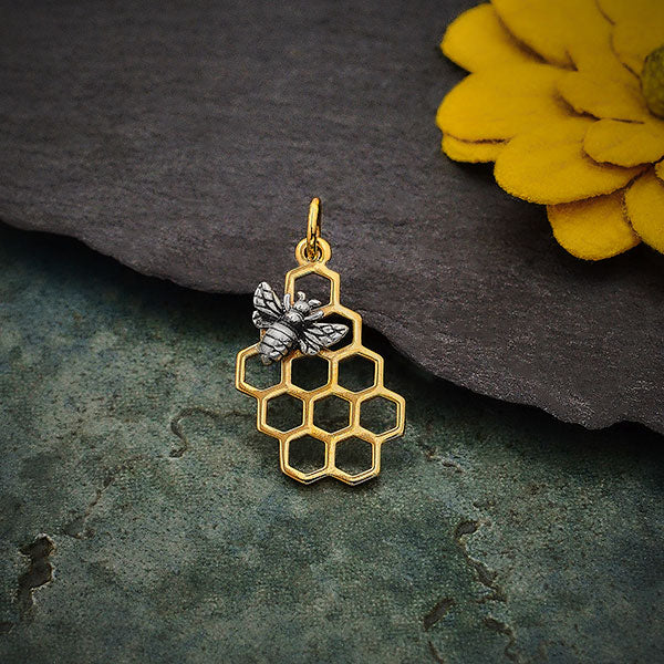 Honey Bee Charm on Honeycomb - Poppies Beads n' More