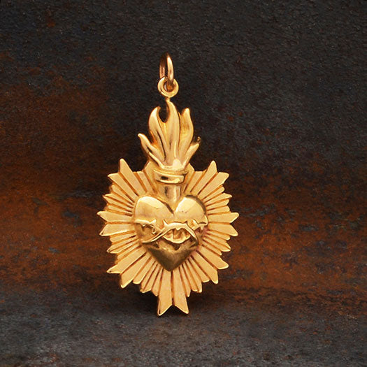 Bronze Flaming Sacred Heart Pendant with Thorns - Poppies Beads n' More