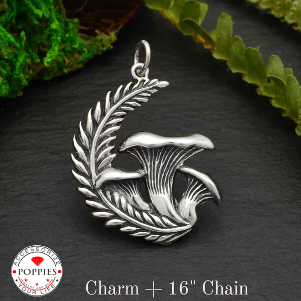 Silver Chanterelle Mushroom and Fern Pendant