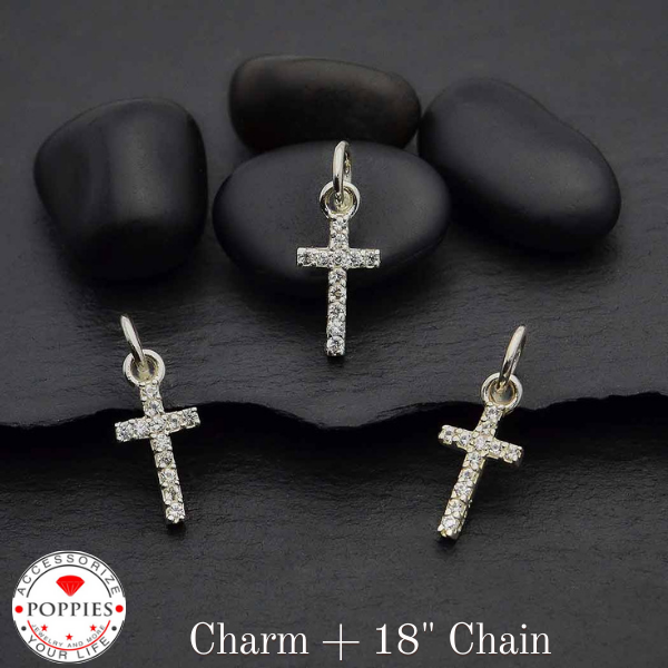 Sterling Silver Cross Charm with Clear Nano Gems - Poppies Beads n' More