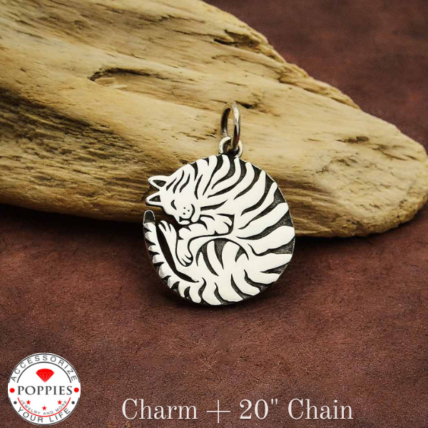 Sterling Silver Curled Cat Charm - Poppies Beads n' More