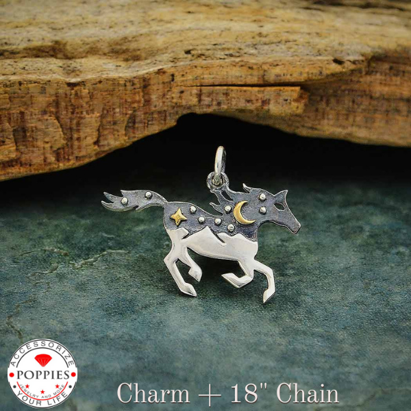 Silver Horse Charm with Mountains and Bronze Moon - Poppies Beads n' More