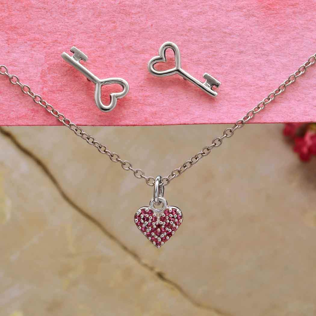 Sterling Silver Heart Charm with Pink Nano Gems - Poppies Beads n' More