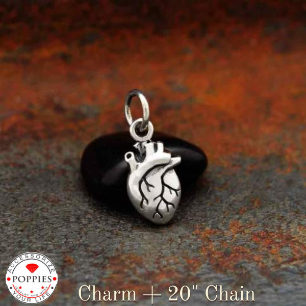 Sterling Silver Mini Anatomical Heart Charm - Poppies Beads n' More