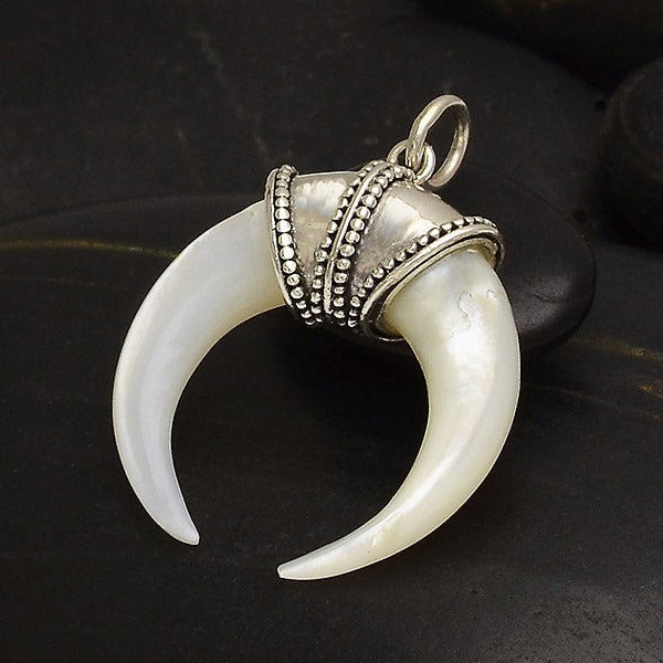 Hand Carved Mother of Pearl Horn Pendant with Silver Bail - Poppies Beads n' More
