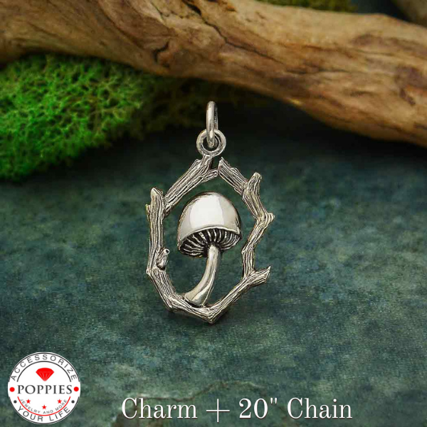 Sterling Silver Mushroom Charm with Branch Frame - Poppies Beads n' More