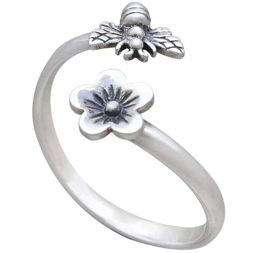 Sterling Silver Bee and Cherry Blossom Adjustable Ring - Poppies Beads n' More