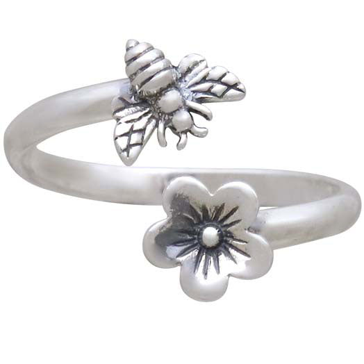 Sterling Silver Bee and Cherry Blossom Adjustable Ring - Poppies Beads n' More