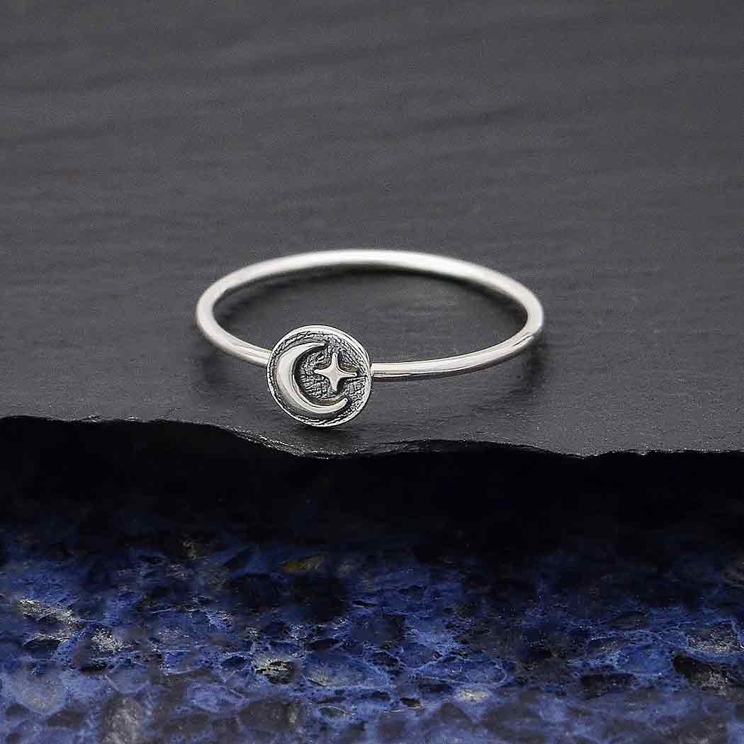 Sterling Silver Raised Moon and Star Stacking Ring - Poppies Beads n' More