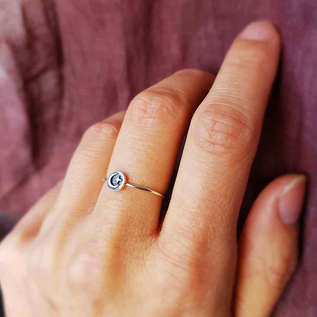 Sterling Silver Raised Moon and Star Stacking Ring - Poppies Beads n' More