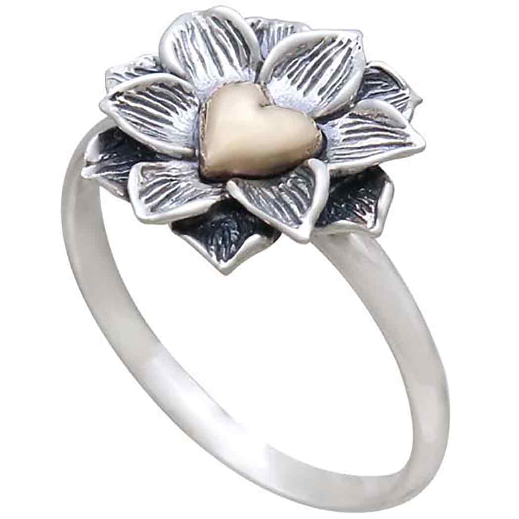 Sterling Silver Lotus Ring with Bronze Heart - Poppies Beads n' More