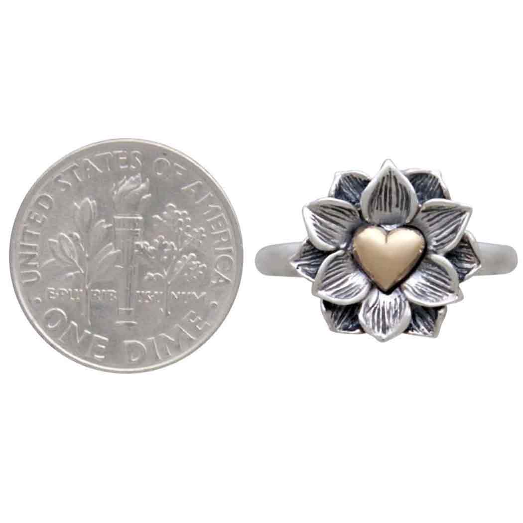 Sterling Silver Lotus Ring with Bronze Heart - Poppies Beads n' More