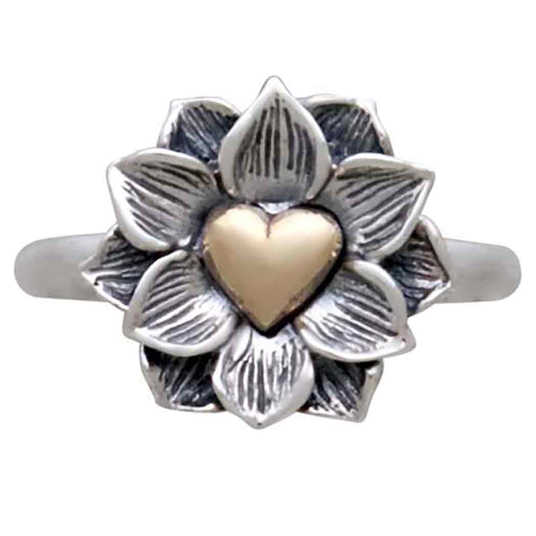 Sterling Silver Lotus Ring with Bronze Heart - Poppies Beads n' More