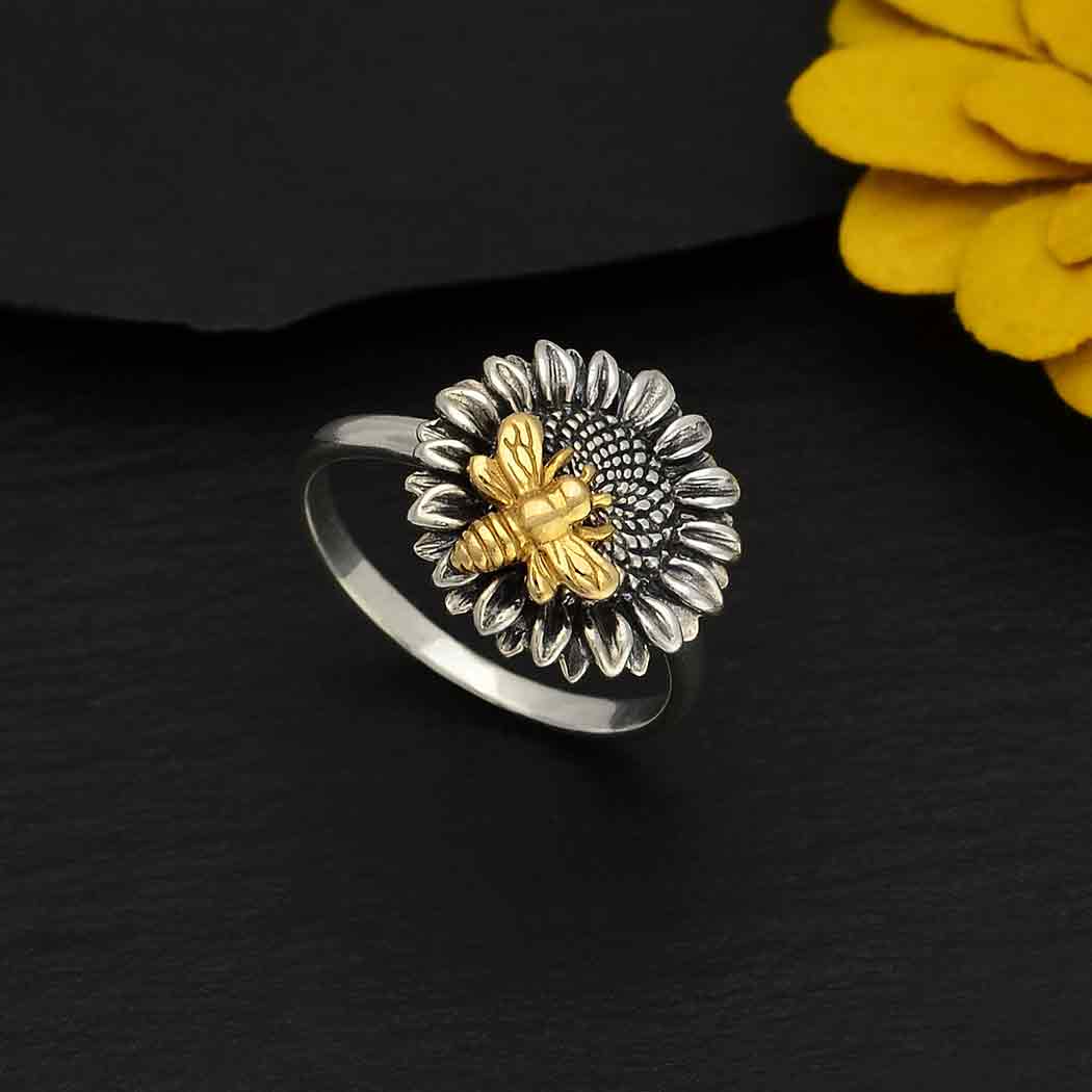 Sterling Silver Sunflower Ring with Bronze Bee - Poppies Beads n' More