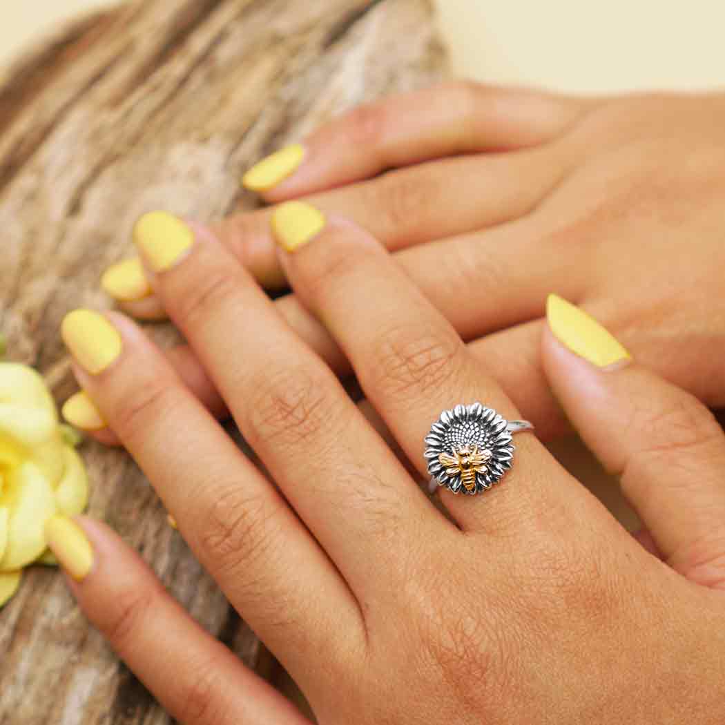 Sterling Silver Sunflower Ring with Bronze Bee - Poppies Beads n' More